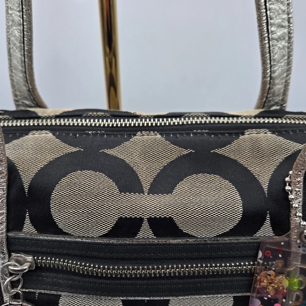 COACH Poppy Canvas Tote Black Op C Print Purple Lining Large Sequence Tag